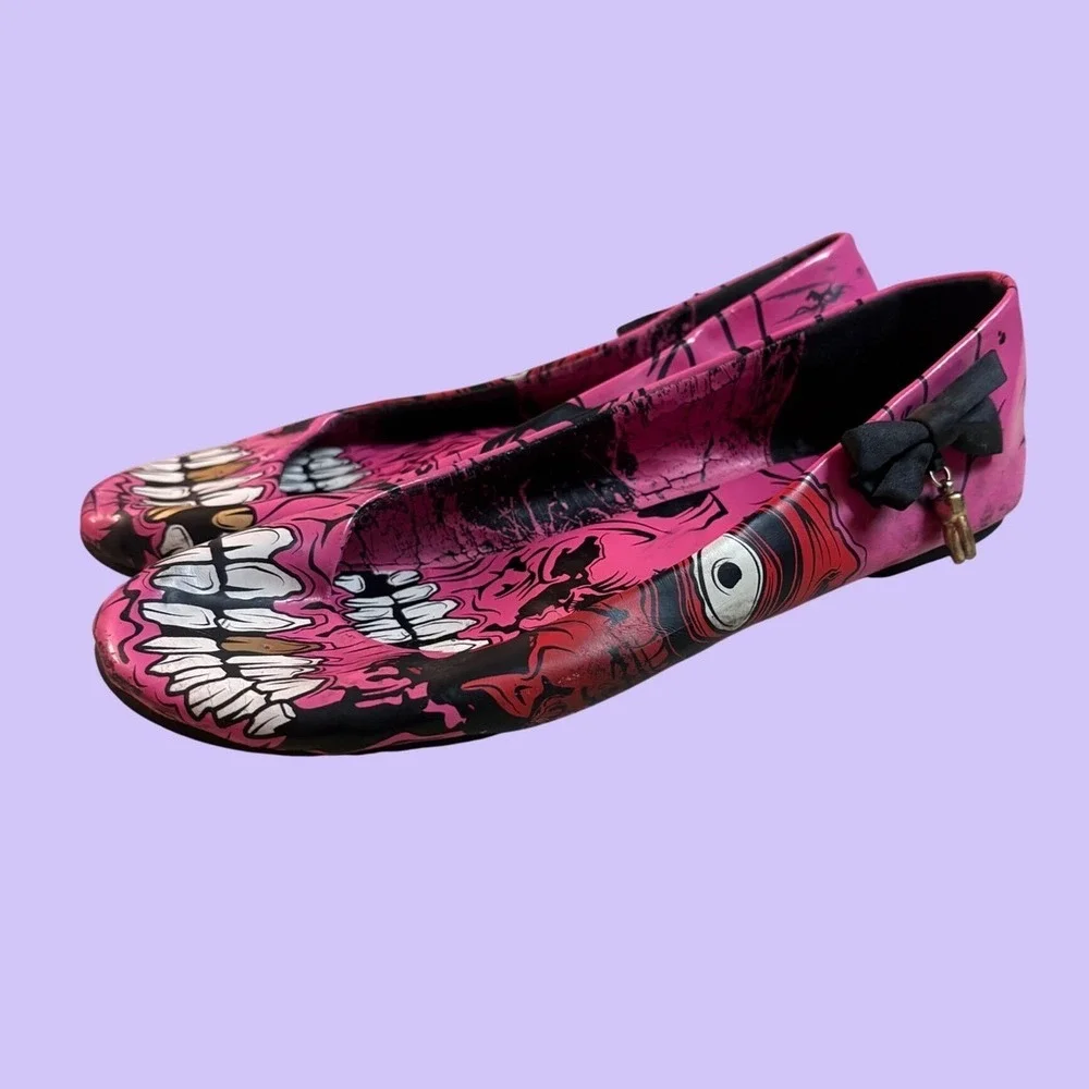 Y2K Rare Iron Fist Pink Zombie Skull Ballet Flats Bow Detail Scene